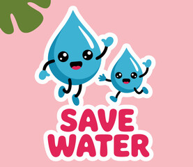 A charming illustration of two personified water droplets cheerfully promoting the message of saving water, suitable for environmental campaigns and educational content.