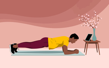 A determined man performing a plank exercise at home, showcasing fitness, strength, and dedication to health, in a calm, inspirational workout space. © free