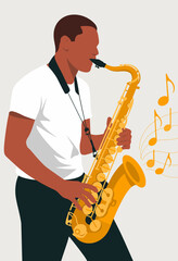 Fototapeta premium A skilled musician passionately plays a saxophone, surrounded by musical notes, illustrating the beauty and joy of music creation in an artistic and expressive manner.