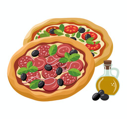 An appetizing illustration of two pizzas topped with an array of fresh ingredients, embodying the joy of sharing food and celebrating culinary creativity in a colorful style.