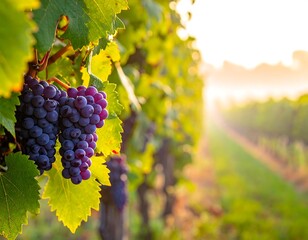 Fototapeta premium Sunlight bathes rows of grapes in a verdant vineyard
