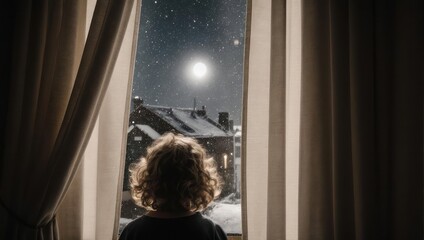 Child gazing at the moonlit winter night through a window.