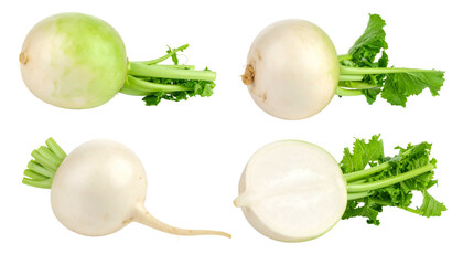 Four views of white round root vegetables with green leafy stems and one cut in half