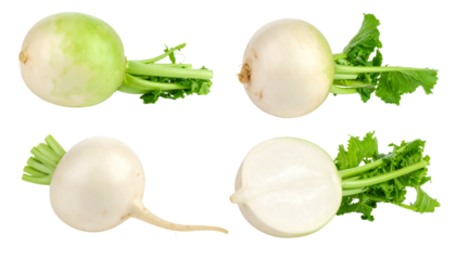 Four views of white round root vegetables with green leafy stems and one cut in half