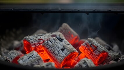 Close-up view of intensely glowing red charcoal briquettes in a barbecue grill, emitting a subtle wisp of smoke.