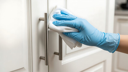A female hand in a protective glove wipes the door handle of the kitchen cabinet 30637105 1