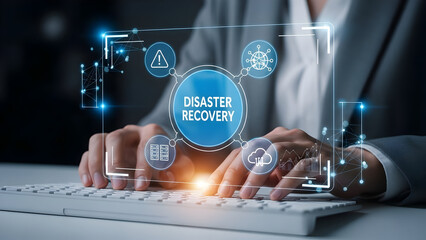 Businesswoman typing on keyboard with digital overlay concept