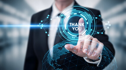 Businessman touching a digital thank you message interface