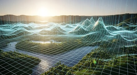 Stunning virtual landscape with glowing grid overlay bringing a futuristic and modern feel to your project, perfect for tech and environmental concepts