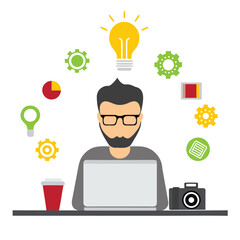 Man using laptop sits beneath lightbulb surrounded by icons on white background