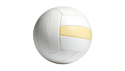 Close-up of a standard white volleyball, showcasing panel stitching and a contrasting beige stripe