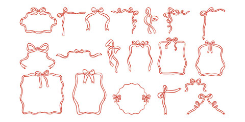 Hand-drawn red ribbon bow frames and decorative borders set. Doodle sketch elements for invitations, greetings, holidays, and decoration. © Illustartathome