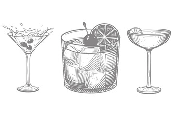 hand drawn engraving drink glass set with splash vector illustration. Cocktails alcoholic daiquiri, old fashioned, manhattan, martini, sidecar. Eps 10