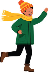 Joyful child in winter attire running and waving happily embodying the spirit of a cold season day