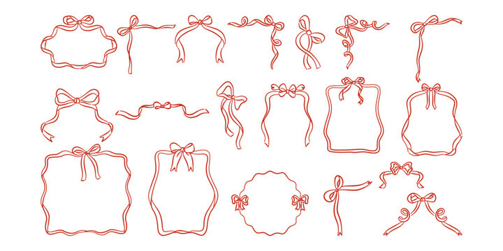 Hand-drawn red ribbon bow frames and decorative borders set. Doodle sketch elements for invitations, greetings, holidays, and decoration.