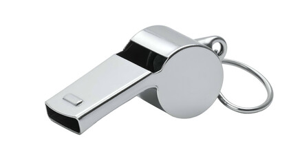 Shiny silver whistle, ring, and body, isolated on black background, sports and games