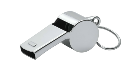 Shiny silver whistle, ring, and body, isolated on black background, sports and games
