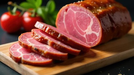 Freshly sliced ham and tomatoes arranged neatly on a cutting board, perfect for a snack or light meal