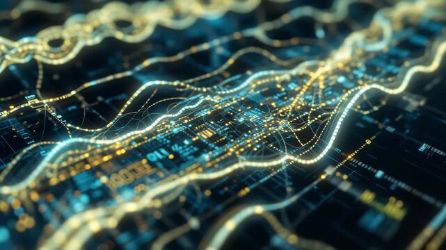 Blockchain visualization with glowing ledger chains