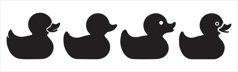 Ten black rubber duck silhouettes with white outlines are arranged in two rows, showing various cute expressions and interactions in a minimalist graphic style. Black rubber duck silhouette isolated. 