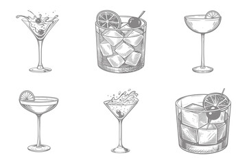 drink glass set with alcoholic splash illustration. vintage style Cocktails alcoholic daiquiri, old fashioned, manhattan, martini, sidecar glass hand drawn engraving vector. Eps 10