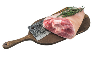 Uncooked pork shank knuckle on board with forged chopper and thyme great for butcher visuals kitchen tutorials and food photography projects.