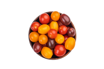 Colorful mix of heirloom cherry tomatoes in a wooden bowl shot overhead on white background, showcasing vibrant fresh produce..