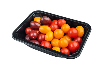 Colorful mix of cherry tomatoes in a black plastic container top view ideal for grocery retail packaging and fresh produce themes.
