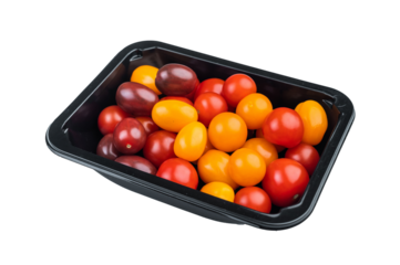 Colorful mix of cherry tomatoes in a black plastic container top view ideal for grocery retail packaging and fresh produce themes.
