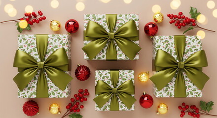 Festive overhead view of Christmas presents wrapped in holly paper with olive green bows, surrounded by red berries, ornaments, and bokeh lights