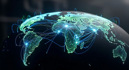 Global connections radiating across the illuminated earth, showcasing international trade, digital network, and worldwide communication in modern style