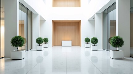 Fototapeta premium A minimalist corridor: white floors, glass walls, potted topiaries, and a wood-accented nook.