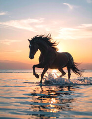 Horses galloping along the coast in the beautiful morning sun　朝日が美しい海岸を疾走する馬