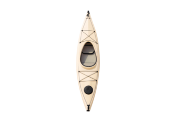 Cream colored touring kayak with single cockpit, top view, isolated on a transparent background