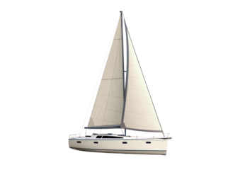 Beige catamaran sailboat with tall mast and cream colored sails, isolated on a transparent background
