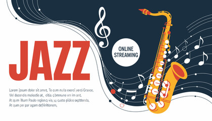 An eye-catching poster design that conveys the essence of jazz music with stylish typography and a saxophone illustration, perfect for promoting online music streaming services.