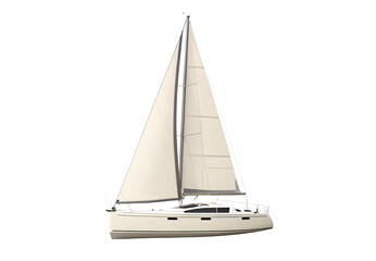 White luxury sailing yacht with beige hull and raised sails, isolated on a transparent background