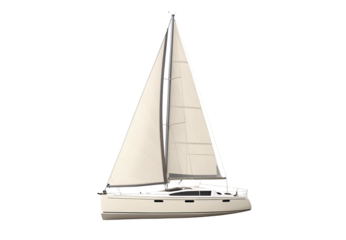 White luxury sailing yacht with beige hull and raised sails, isolated on a transparent background