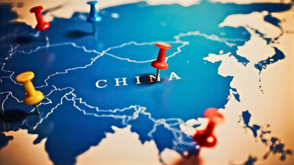 Strategic map view with vibrant push pins, highlighting China as a key global location for business focus, geographical planning, and international market development