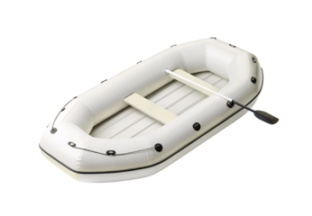 White inflatable raft with oars and bench seat design, isolated on a transparent background