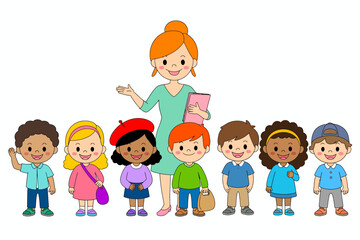 This vibrant illustration showcases a diverse group of children happily interacting with their teacher, highlighting inclusion, joy, and education in a playful setting.