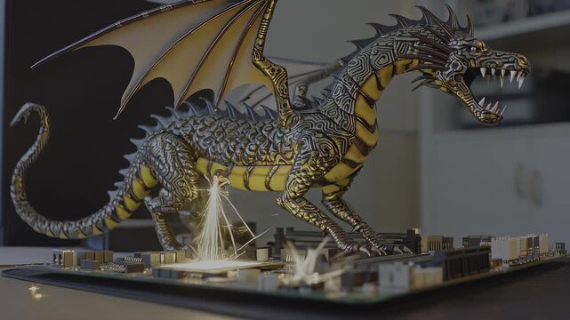 Metallic dragon with wings perched on electronic circuit board