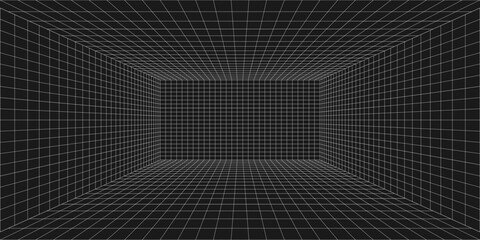 Room projection grid in futuristic 3d style. Outline futuristic grid background, room projection. Wireframe grid template in perspective view