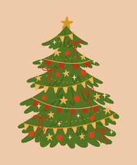 Vintage Christmas tree. Spruce tree decorated with bows, flags and stars. Vector hand-drawn illustration. Design element for Christmas or New Year greeting card or invitation