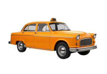 Vintage orange taxi with chrome details and roof light, isolated on a transparent background