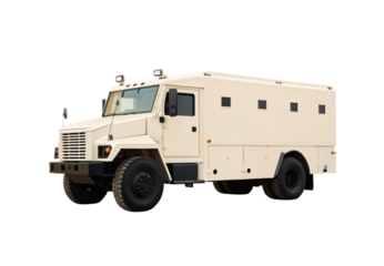 White armored security truck with small windows and spotlights, isolated on a transparent background