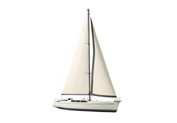 White sailboat with tall mast and cream colored sails, isolated on a transparent background
