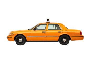 Orange taxi cab with roof sign and hubcaps, isolated on a transparent background