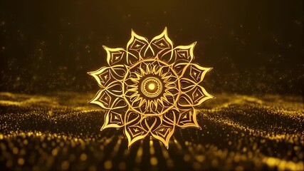 Abstract digital rendering of a luxurious golden mandala, a sacred geometry symbol glowing on a shimmering particle field, representing spirituality and elegance - Powered by Adobe