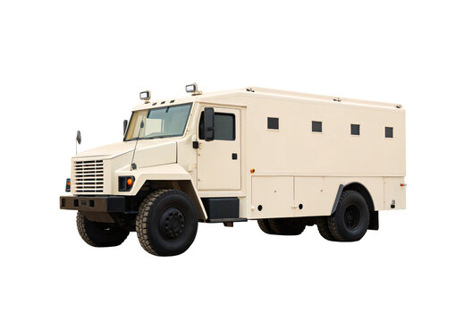 White armored security truck with small windows and spotlights, isolated on a transparent background